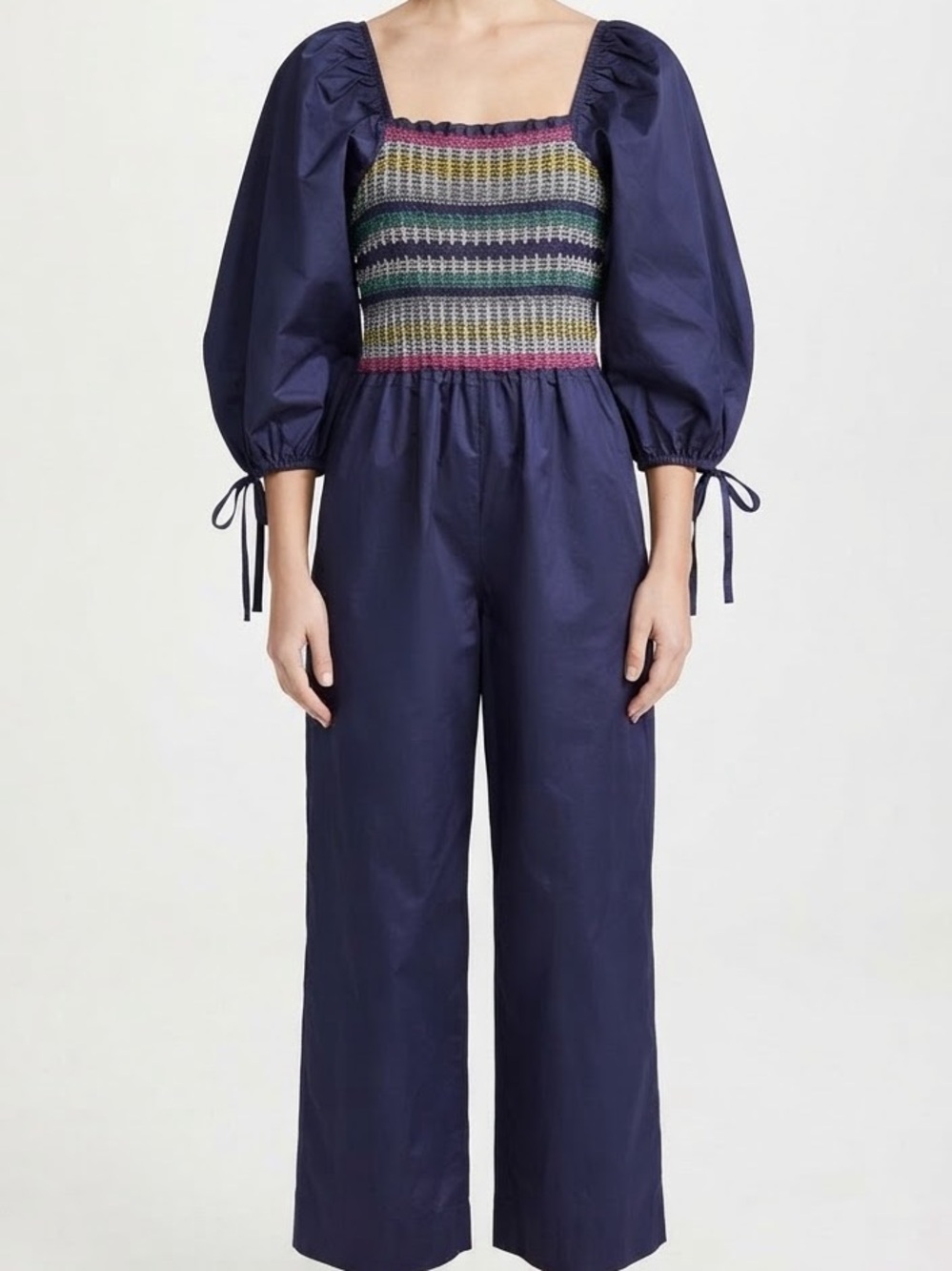 Cara Cara Jazzy Jumpsuit Size S Navy Blue Smocked Wide Leg Square Neckline